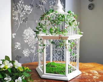 The bird cage "Fairies Pavilion", wooden, hand-made, arrangement of artificial plants, home decor or wedding