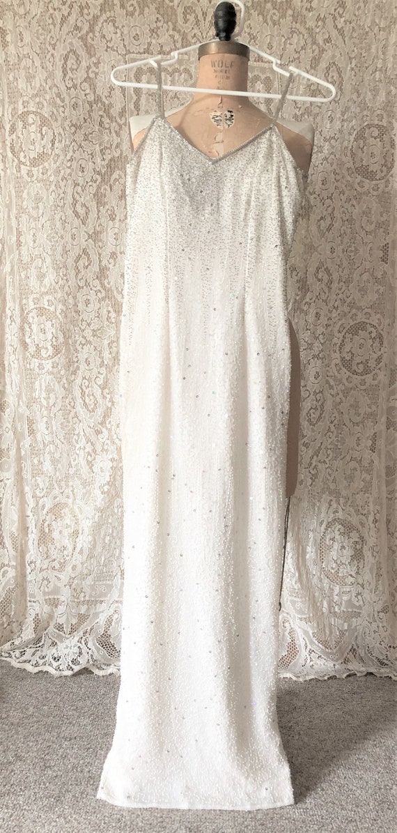 Vintage White Beaded Evening Gown, Silver Beads, F
