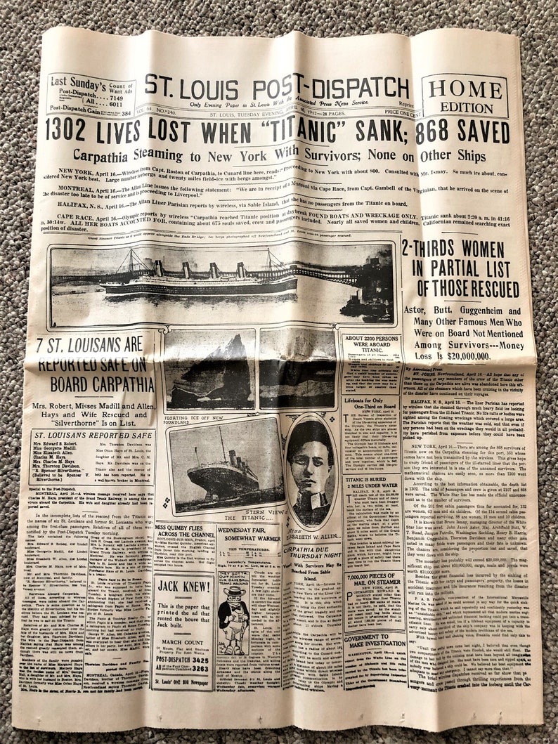 Titanic Sinking 1912 Newspaper Reproduction From The Titanic Exhibit In Orlando Florida