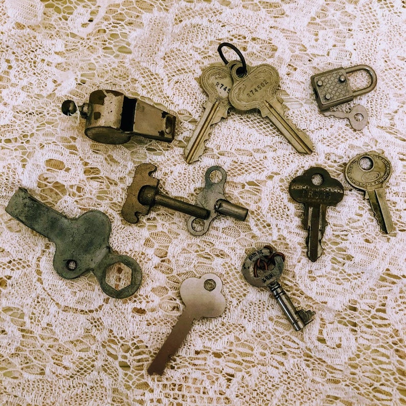 Clock Key Vintage Lot of Keys and One Whistle and One Tiny Lock Skate Key Whimsical Keys