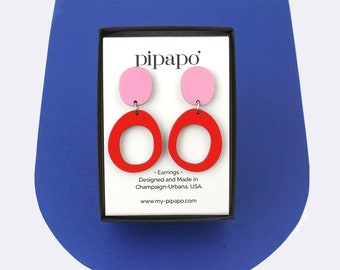Cheerful Hoop Dangle Earrings in Raspberry / Titanium Hardware - Truly Nickel Free / Lightweight Stud Earrings Made from Wood