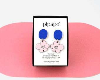 Cheerful Flower Bauble Dangle Earrings / Soft Pink & Blue / Titanium Hardware - Truly Nickel Free / Lightweight Stud Earrings Made from Wood
