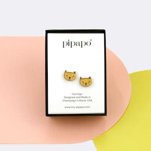 Etched Cat Stud Earrings Cute Fur Nose Cat Earrings / Titanium Hardware Truly Nickel Free / Lightweight Earrings Made from Wood image 1