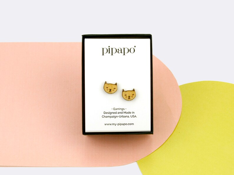 Etched Cat Stud Earrings Cute Fur Nose Cat Earrings / Titanium Hardware Truly Nickel Free / Lightweight Earrings Made from Wood image 1