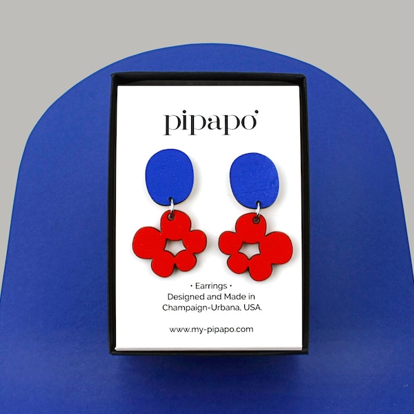 Cheerful Flower Bauble Dangle Earrings in Red and Blue / Titanium Hardware - Truly Nickel Free / Lightweight Stud Earrings Made from Wood