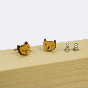 Etched Cat Stud Earrings Cute Fur Nose Cat Earrings / Titanium Hardware Truly Nickel Free / Lightweight Earrings Made from Wood image 3