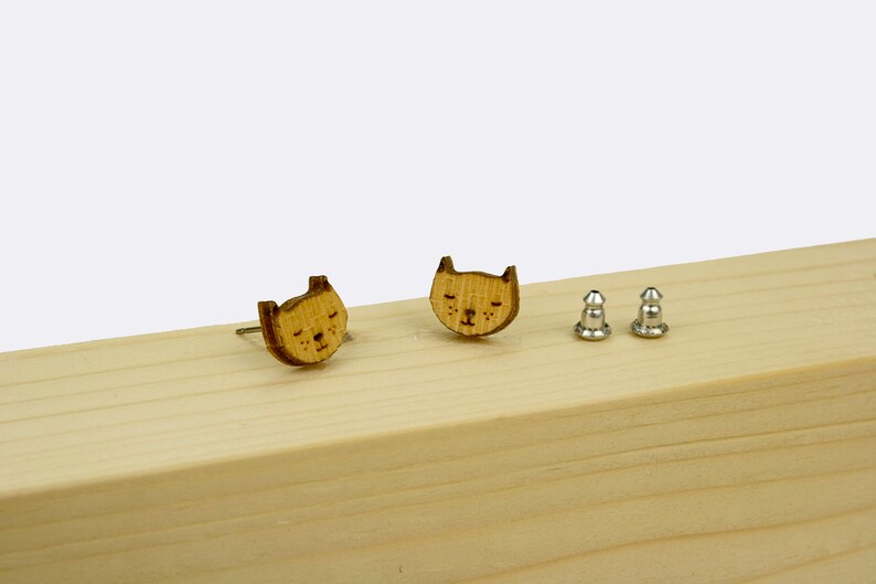 Etched Cat Stud Earrings Cute Fur Nose Cat Earrings / Titanium Hardware Truly Nickel Free / Lightweight Earrings Made from Wood image 3