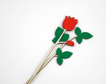 Hand Painted Wood Rose in Red with Leaves in Green