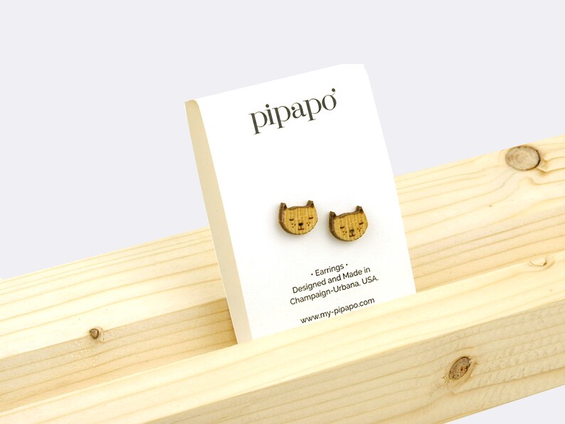 Etched Cat Stud Earrings Cute Fur Nose Cat Earrings / Titanium Hardware Truly Nickel Free / Lightweight Earrings Made from Wood image 4