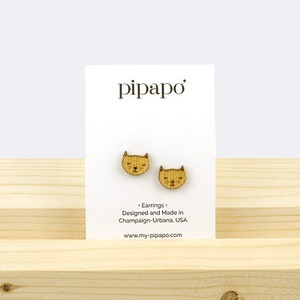 Etched Cat Stud Earrings Cute Fur Nose Cat Earrings / Titanium Hardware Truly Nickel Free / Lightweight Earrings Made from Wood image 2