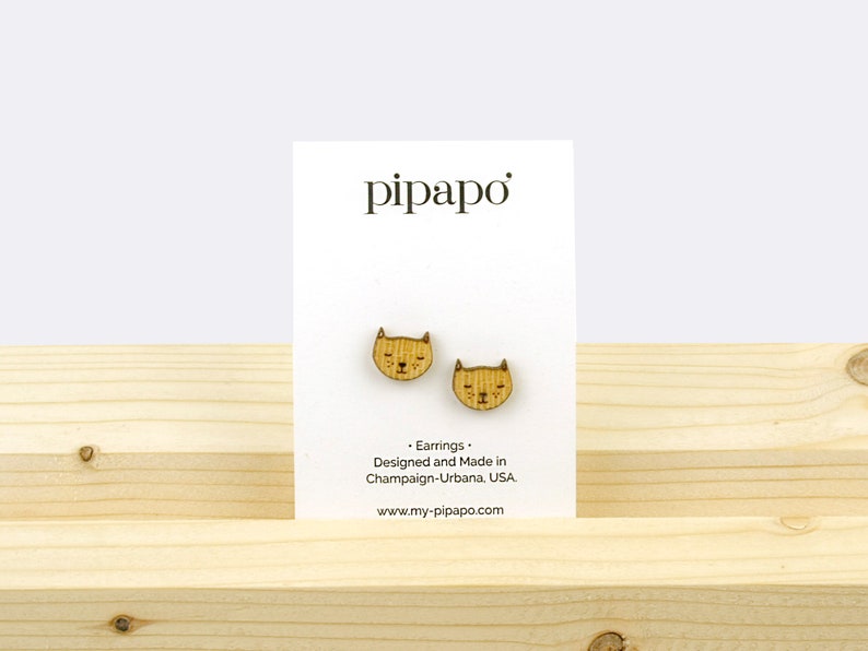 Etched Cat Stud Earrings Cute Fur Nose Cat Earrings / Titanium Hardware Truly Nickel Free / Lightweight Earrings Made from Wood image 2