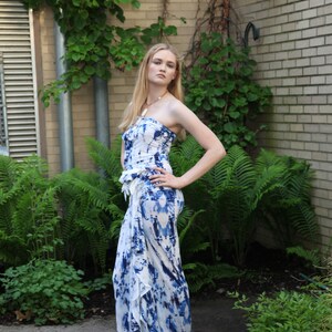 Silk Jersey Grecian Blue Marble Print Bandeau Top and Maxi Skirt