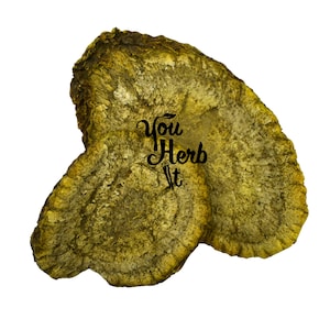 May include: A close-up of a dried, brown, and yellow mushroom with a black text overlay that says "You Herb It".