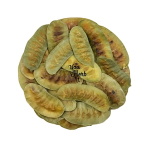 以下が含まれることがあります： 乾燥したセンナの葉の山をクローズアップした写真。自然のハーブ療法です。葉は薄い緑色で、縁は茶色で、円形に配置されています。画像の中央には「You Herb It」というテキストが表示されています。