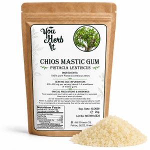 May include: A brown pouch of Chios Mastic Gum, with the text "You Herb It" and "PISTACIA LENTISCUS". The label includes serving size information and nutrition facts. A small pile of mastic gum is in front of the pouch. The pouch contains 25g.