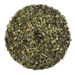 May include: Dried green mint leaves, a popular ingredient for teas and cooking.