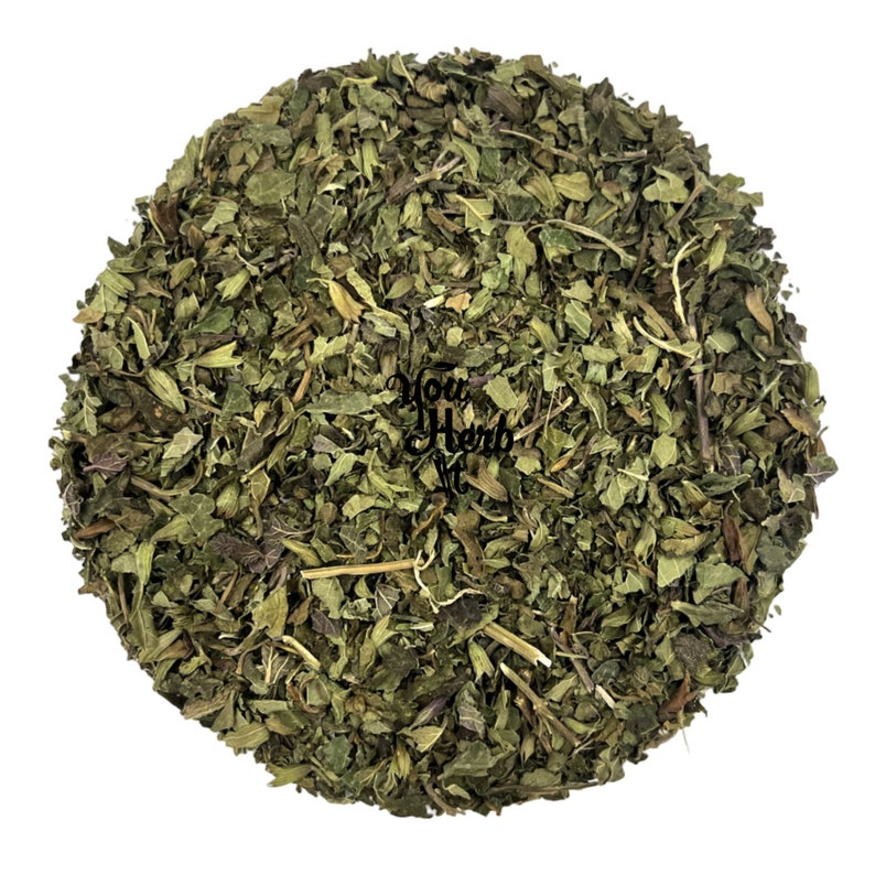 May include: Dried green mint leaves, a popular ingredient for teas and cooking.