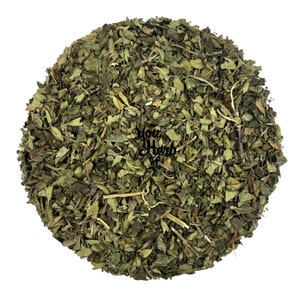 May include: Dried green mint leaves, a popular ingredient for teas and cooking.