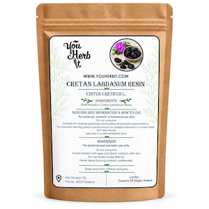 May include: A brown kraft paper pouch containing Cretan Labdanum Resin. The label features the text You Herb It, Cistus Creticus L., and instructions for external use. A circular inset shows dark resin pieces and a pink flower.