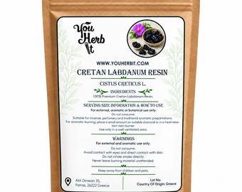 May include: A brown kraft paper pouch containing Cretan Labdanum Resin. The label features the text You Herb It, Cistus Creticus L., and instructions for external use. A circular inset shows dark resin pieces and a pink flower.