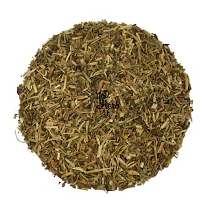 May include: A close-up of a pile of dried, chopped, green and brown herbs. The herbs are loose and appear to be ready for use in cooking or herbal remedies.