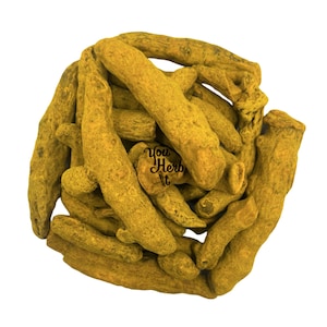 May include: A close-up of a pile of dried turmeric root fingers. The turmeric is a bright yellow color and has a rough texture. You Herb It is printed on a white label.
