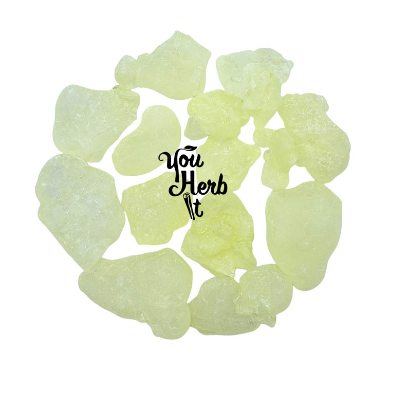 May include: A collection of pale yellow, irregularly shaped resin pieces arranged in a circular pattern against a white background. The text "You Herb It" is in a cursive font with a small illustration of a mortar and pestle.