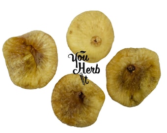 May include: Four dried figs, light brown in color, with a slightly wrinkled texture. The figs are arranged on a white background.