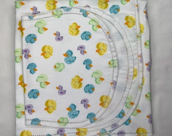 Yellow baby ducks  hemstitch flannel baby blanket and burp cloth, double sided, receiving size 36x40. Perfect swaddle. Kits avail