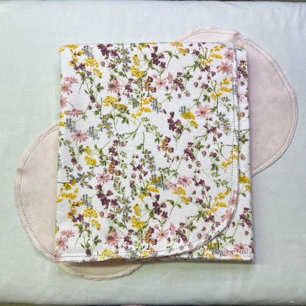 Vintage flowers, pink, yellow, purple hemstitch, double sided flannel baby blanket & burp cloth, receiving size 36x40. swaddle. Kits avail.