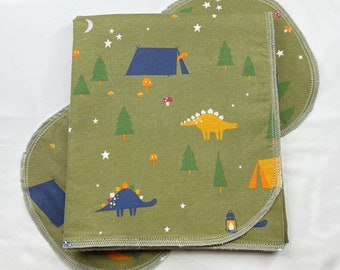 Camping dinosaur tree star moon green hemstitched double sided flannel baby blanket & burp cloth, 36x40. Perfect swaddle. kits avail