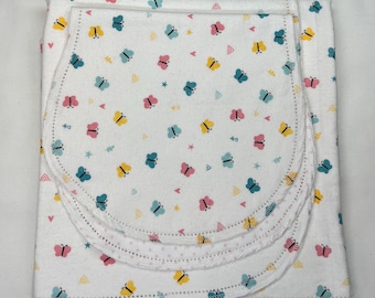 Bright blue, yellow butterfly hemstitched flannel baby blanket and burp cloth, double sided flannel, size 36x40. Perfect swaddle. Kits avail