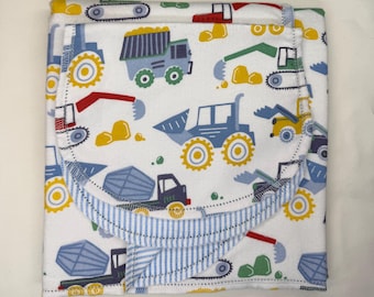 Construction Truck Baby Blanket, Excavator Flannel Blanket, Hemstitched Cotton Baby Blanket, Baby Boy Shower Gift, Crochet Edge Kit