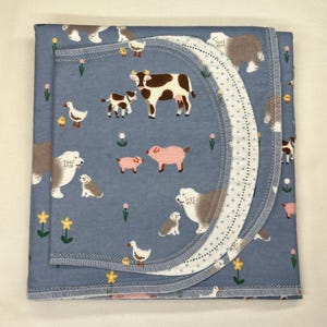 Farm , hemstitch double sided flannel baby blanket & burp cloth, 36x40. Perfect swaddle. kits avail