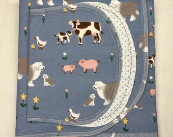 Farm , hemstitch double sided flannel baby blanket & burp cloth, 36x40. Perfect swaddle. kits avail