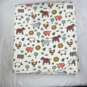 Farm Animals pig, cow, hemstitched flannel baby blanket and burp cloth, double sided flannel, size 36x40. Perfect swaddle. Kits avail image 2