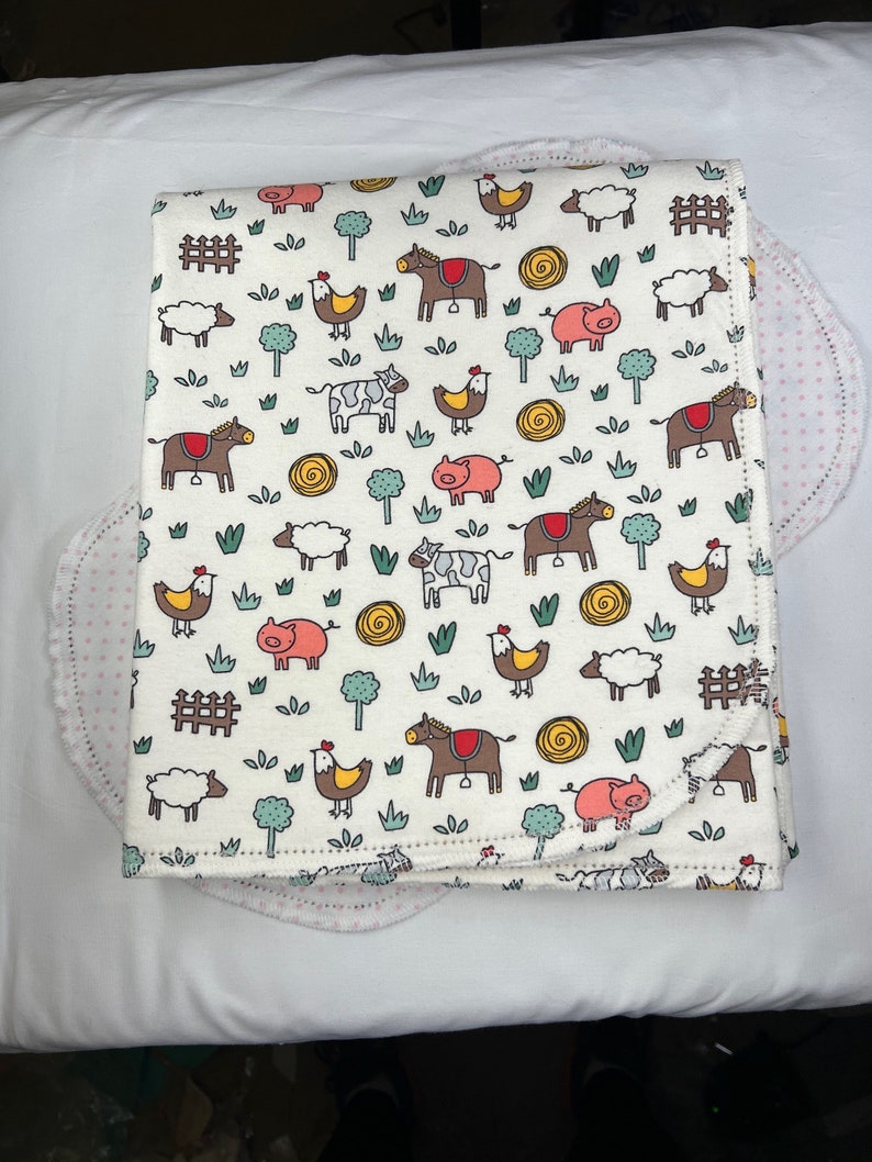 Farm Animals pig, cow, hemstitched flannel baby blanket and burp cloth, double sided flannel, size 36x40. Perfect swaddle. Kits avail image 2