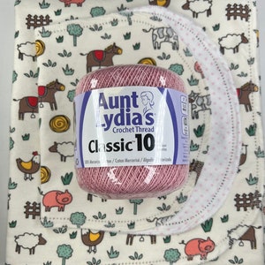 Farm Animals pig, cow, hemstitched flannel baby blanket and burp cloth, double sided flannel, size 36x40. Perfect swaddle. Kits avail kit: pink yarn