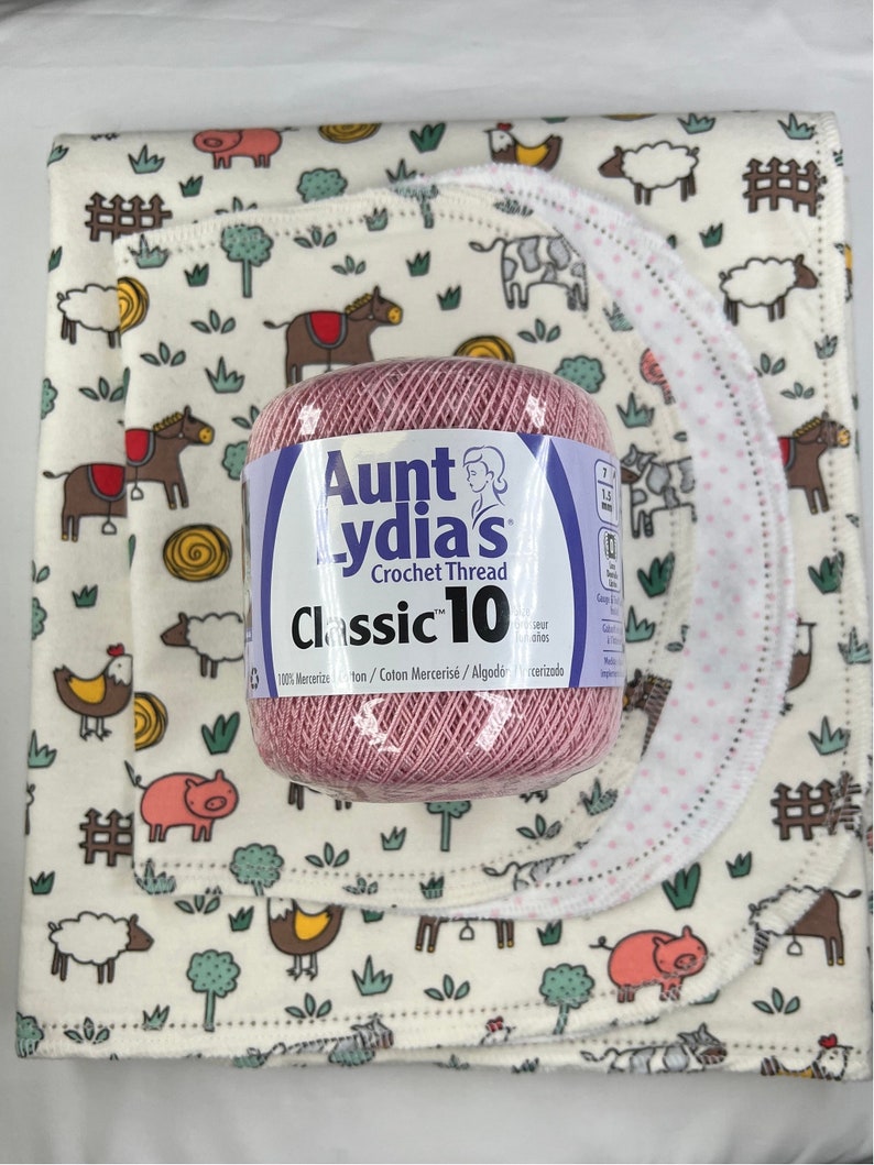 Farm Animals pig, cow, hemstitched flannel baby blanket and burp cloth, double sided flannel, size 36x40. Perfect swaddle. Kits avail kit: pink yarn