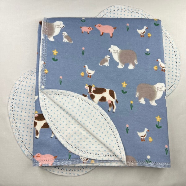 Animal family farm on blue hemstitch flannel baby blanket and burp cloth, double sided receiving size 36x40. Perfect swaddle. Kits avail.