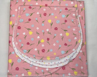 Baby quilted blocks pink blue flower yellow polka dot hemstitch flannel baby blanket and burp cloth, double sided,  size 36x40. Kits avail.