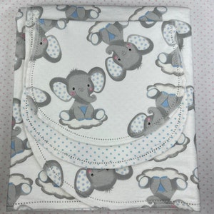 Grey elephant on white cloud,  hemstitch flannel baby blanket and burp cloth, double sided 36x40. kits avail. Polka dot