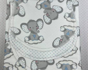 Grey elephant on white cloud,  hemstitch flannel baby blanket and burp cloth, double sided 36x40. kits avail. Polka dot