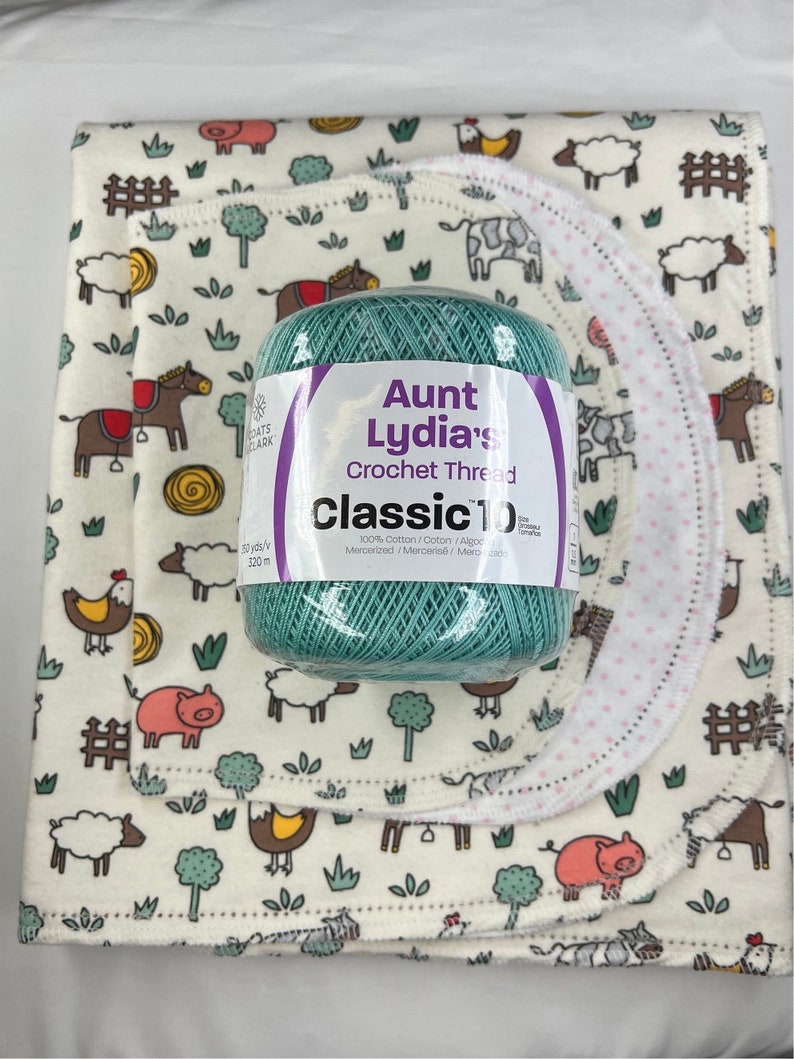 Farm Animals pig, cow, hemstitched flannel baby blanket and burp cloth, double sided flannel, size 36x40. Perfect swaddle. Kits avail kit: teal yarn