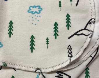Hemstitch Flannel Baby Blanket, Mountain Forest Design, 36x40, with Burp Cloth