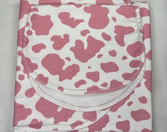 Cow Print Flannel Baby Blanket and Burp Cloth Set, Hemstitch Edge
