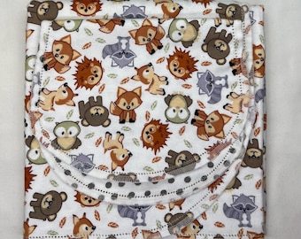 Woodland Animals Flannel Baby Blanket, Hemstitch Swaddle, Burp Cloth