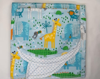 Safari Animals Flannel Baby Blanket & Burp Cloth Set, Hemstitch Swaddle (36x40)