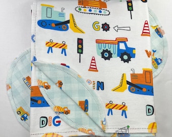 Dig truck hemstitch flannel baby blanket and burp cloth double sided, size 36x40. Perfect swaddle. Kits avail