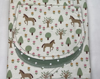 Horse colt farm tree hemstitch flannel baby blanket and burp cloth, double sided receiving size 36x40. Perfect swaddle. kits avail